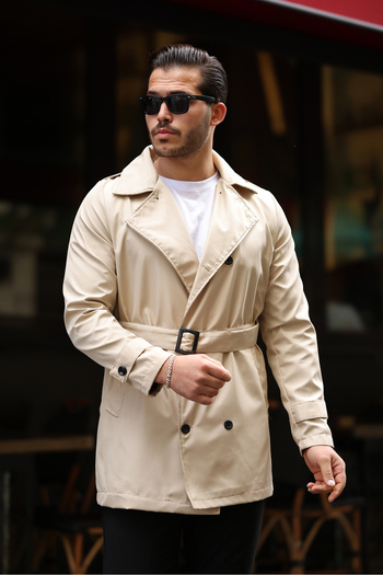 Jaglion Men's Beige Belted Water and Windproof Trench Coat Top