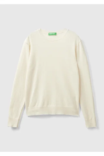 United Colors of Benetton Women's Cream Crew Neck 100% Merino Sweater