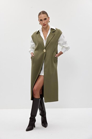 Tuba Butik Buttoned Long Stamped Khaki Women's Vest