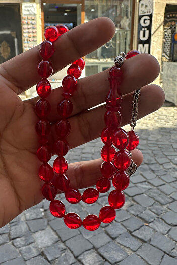 Agai Silver Love Knot Tasseled Beige Cut Red Fire Amber Prayer Beads