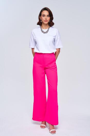 Tuba Butik Slit Detailed Wide Leg Dark Pink Women's Trousers