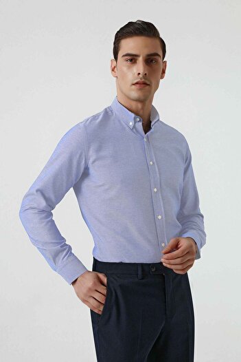D'S Damat Kék Slim Fit pamut ing - Dobby gallér, gombos