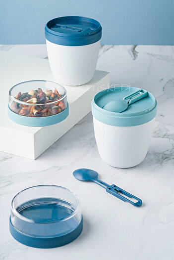 KaktüsKedi 2'li Set Taşınabilir Kaşıklı Yoğurt Kabı - 700 ML Pratik Yemek Saklama ve Müsli Kabı