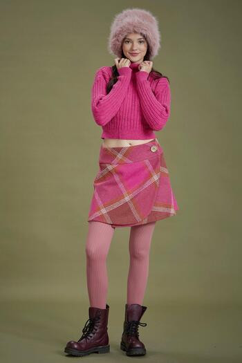 Los banditos Pink Patterned Big Button Winter Mini Skirt