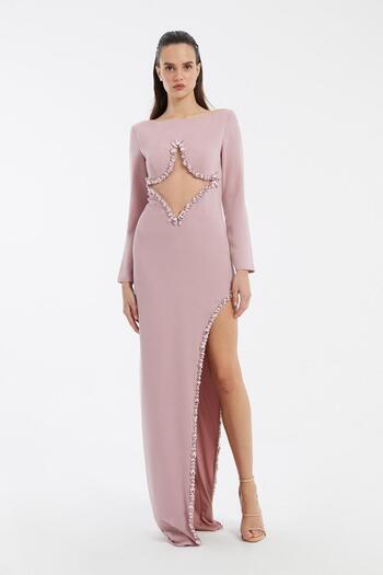 CENGIZ AKTURK Long Sleeve Slit Long Evening Dress with Chest Embroidery Detail - 3005C
