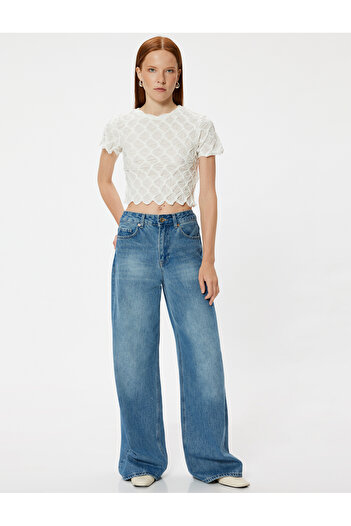 Koton Textured Crop T-Shirt Asymmetrical Short Sleeve Round Neck Slim Fit