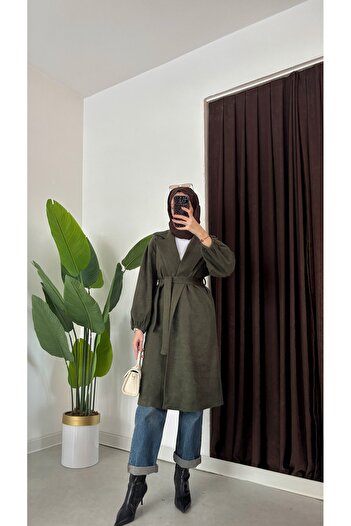 Aranlı tekstil Oversize Cut Bathrobe Type Stamped Women's Coat with Gathered Sleeves and Mobile Belt
