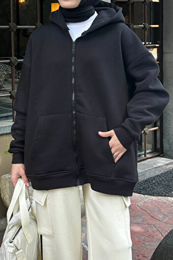 lamelif Önü Fermuarlı Kapüşonlu 3 Iplik Sweatshirt Hırka Siyah