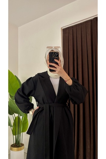 hacer ayaydın Oversize Cut Bathrobe Type Stamped Women's Coat with Gathered Sleeves and Mobile Belt