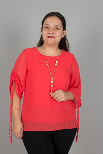 Truva XXL Plus Size Necklace Chiffon Blouse Sleeve Shirred