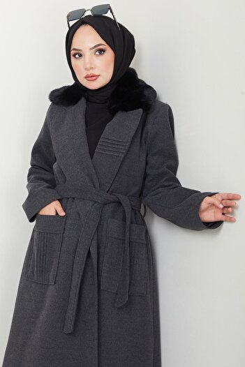 hafsamina Anthracite Stamp Coat - Fur Collar and Ribbed Detail Hm2576