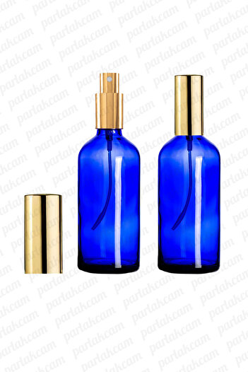 parlakcam 100ml Altın Renkli Metal Lüx Sprey Şişe, Parfüm Kolonya vb İçin Sızdırmaz Mavi Cam Şişe 6 Adet