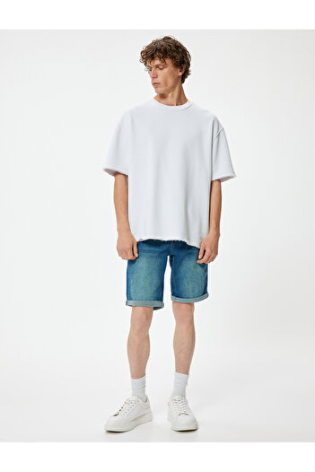 Koton Slim Fit Denim Shorts Bermuda Folded Hem Pocket Detail Cotton