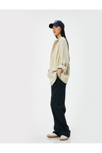 Koton Zippered Trench Coat Waistband, Flap Pocket Stand Collar and Elastic Cap