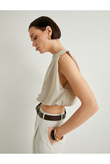 Koton Crop Blouse Crew Neck Sleeveless Elastic Waist