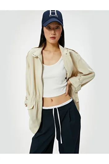 Koton Zippered Trench Coat Waistband, Flap Pocket Stand Collar and Elastic Cap