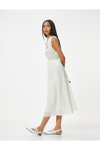 Koton Shiny Viscose Midi Dress with Tie Waist - Sleeveless Lined