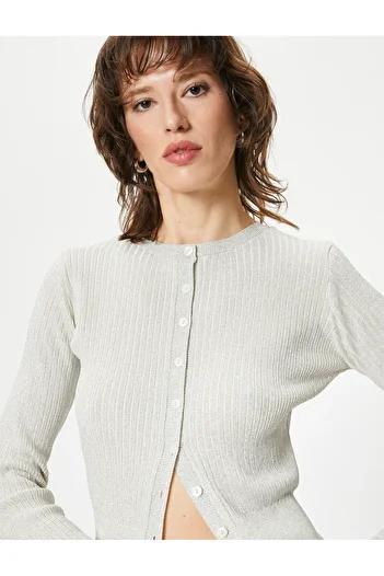 Koton Metallic Glitter Corded Knitwear Cardigan - Crew Neck, Buttoned