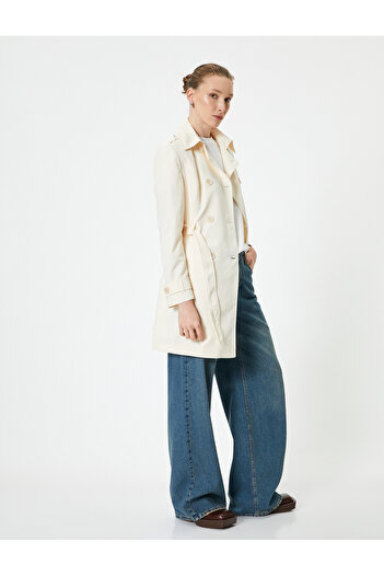 Koton Double Breasted Trench Coat Buttoned Pocket Belt Detailed Standard Cut