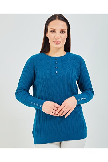 Elçelya Moda Pulover Mamă Albastru Indigo Mercerizat Flexibil Lycra Pulover Bluză Detaliată Nasturi