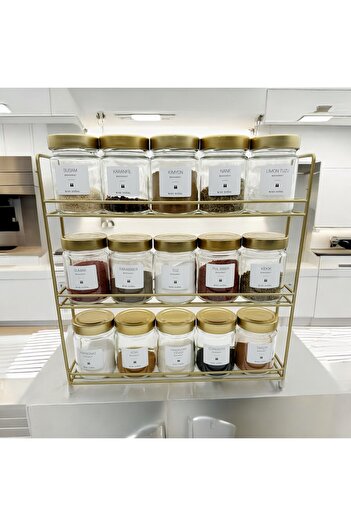 zezedesing Spice Rack Set with Gold Metal Stand 350Cc (15 Pieces Gold Lid)
