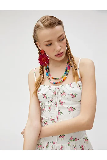 Koton Floral Top, Thin Straps, Tie-Up Front, Corset-Look Gippeli