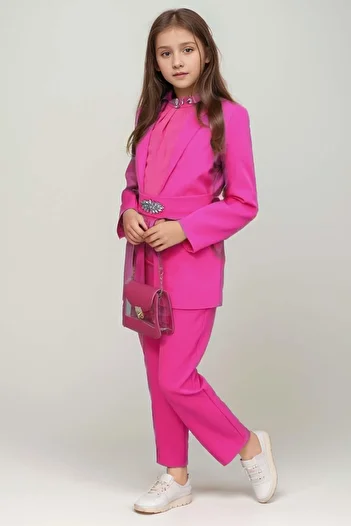 Riccotarz Fuchsia Girl's Set - Stone Embroidered Collar Tank Top, Belt Blazer Jacket and Trousers