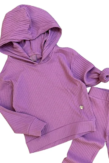 Riccotarz Girl's Ribbed Lilac Set - Hooded Sweatshirt and Elastic Waist Bottom