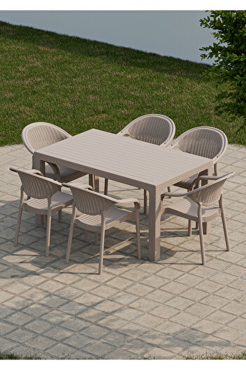 Çavdar Group 90x150 cm Rattan 6 Kişilik Masa Takımı Camsız Bambu Sandalye Bahçe Teras Takımı Oturma Grubu