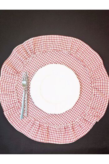 shules collection 6-Piece Red Linen Frilly Raw Gingham - 100% Cotton, 45 cm American Service Round
