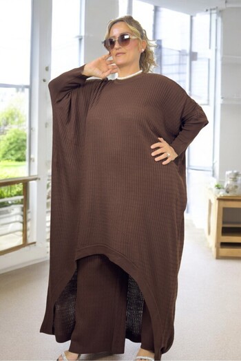 yagmurberen Oval Cut Corded Knitwear Tunic and Elastic Waist Trousers - Extra Large Size Double Knitwear Set