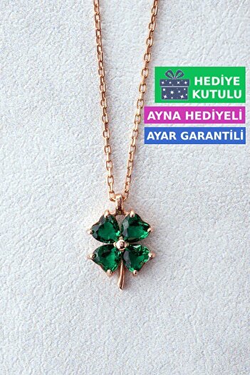 Jewelmim Yeşil 4 Yapraklı Yonca Gümüş Kolye 18 Ayar Rose Altın Kaplama 925 Ayar Kadın Gümüş Yoncalı Kolye