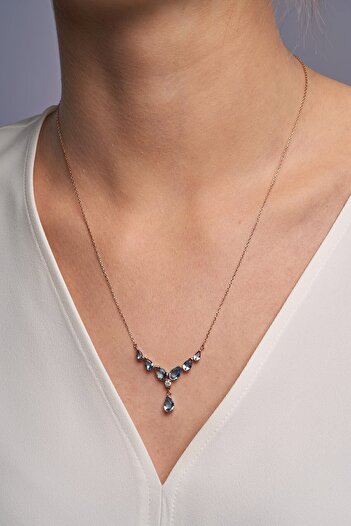 Jewelmim Akuamarin Mavi Renkli Damla Taşlı Kolye Rose Altın Kaplama 925 Ayar Kadın Gümüş Damla Kolye