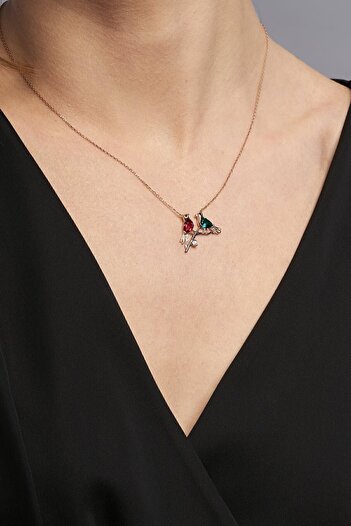 Jewelmim Gümüş Kuş Kolye 18 Ayar Rose Altın Kaplama Kuş Figürlü Kolye Kuşlu Kolye 925 Ayar Kadın Gümüş Kolye