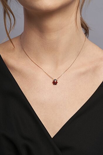 Jewelmim Gümüş Uğur Böceği Kolye 18 Ayar Rose Altın Kaplama Mucize Uğur Böceği 925 Ayar Kadın Gümüş Kolye