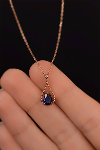 Jewelmim Mavi Damla Taş Kolye 18 Ayar Rose Altın Kaplama Su Damlası Kolye 925 Ayar Kadın Gümüş Damla Kolye