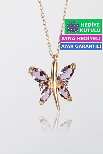 Jewelmim Mor Ametist Kelebekli Gümüş Kolye 18 Ayar Rose Altın Kaplama 925 Ayar Kadın Gümüş Kelebek Kolye
