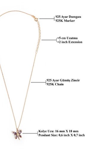 Jewelmim Mor Ametist Kelebekli Gümüş Kolye 18 Ayar Rose Altın Kaplama 925 Ayar Kadın Gümüş Kelebek Kolye