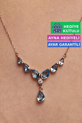 Jewelmim Akuamarin Mavi Renkli Damla Taşlı Kolye Rose Altın Kaplama 925 Ayar Kadın Gümüş Damla Kolye