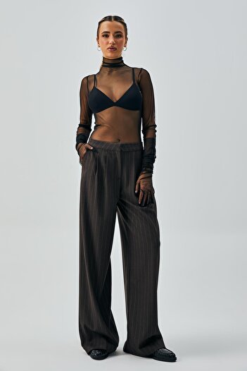 minaaise Women's Brown Wool Polyviscose Striped Palazzo Trousers 28078