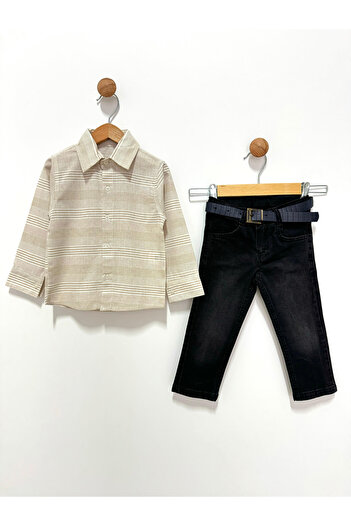 By Cwhr Shirted Belted Boys' Denim Trousers Boys' Linen Seasonal Coat Set Boys' Set