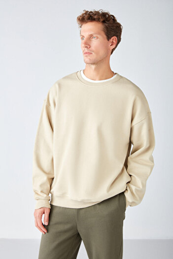 GRIMELANGE Stephan Erkek Yumuşacık Kumaşlı Organik Pamuklu Oversize Fit Yuvarlak Yakalı Bej Sweatshirt