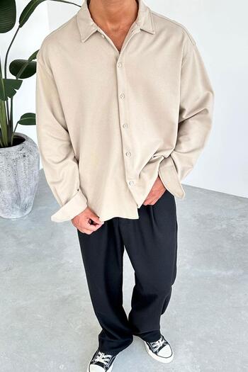 HAFKAGİYİM Beige Basic Oversize Gabardine Shirt