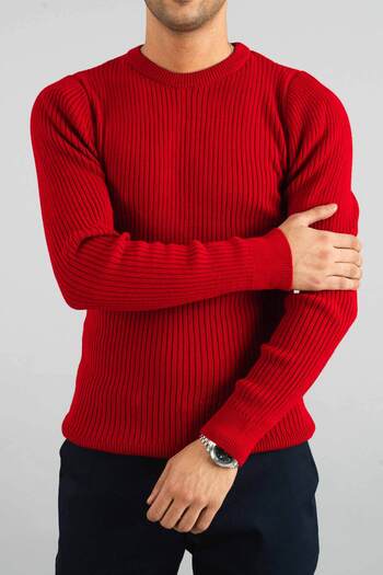 bombe Men's Red Slim Fit Crew Neck Cotton Knitwear Sweater