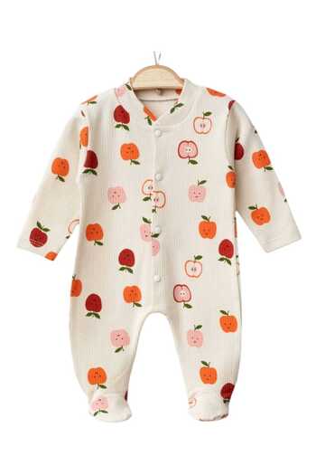 dinamik çocuk Newborn Baby Booties Jumpsuit Apple Patterned Trophy Fabric Thin Seasonal Jumpsuit with Straps 1-3-6 Months