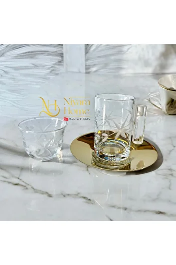 Paşabahçe Nivara Home Luxury 18 Piece Star Patterned Tea and Coffee Set with Gold Detail