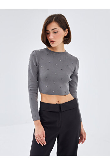 LC Waikiki Gray Crew Neck Crop Women's Knitwear Sweater