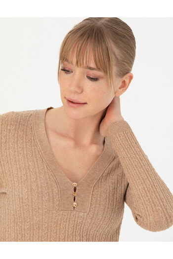 Pierre Cardin Beige Ex Slim Fit V-Neck Sweater 50276221-Vr011