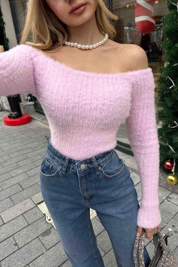 Lusin Women's Pink Boat Neck Knitwear Soft Sweater
