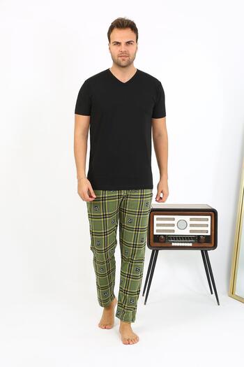 Akbeniz Khaki Men's Pajamas - Plaid Pattern, Combed Cotton, Single Bottom 27540